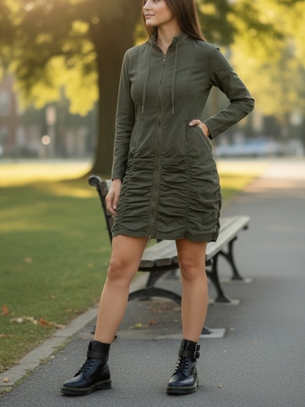XCVI Wearables Fiore Green Ruched Zip Front Long Sleeve Jacket Dress Pockets